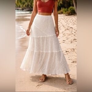 See You Monday LA White Lace Asymmetrical Midi Skirt XL Boho Tiered Stretch